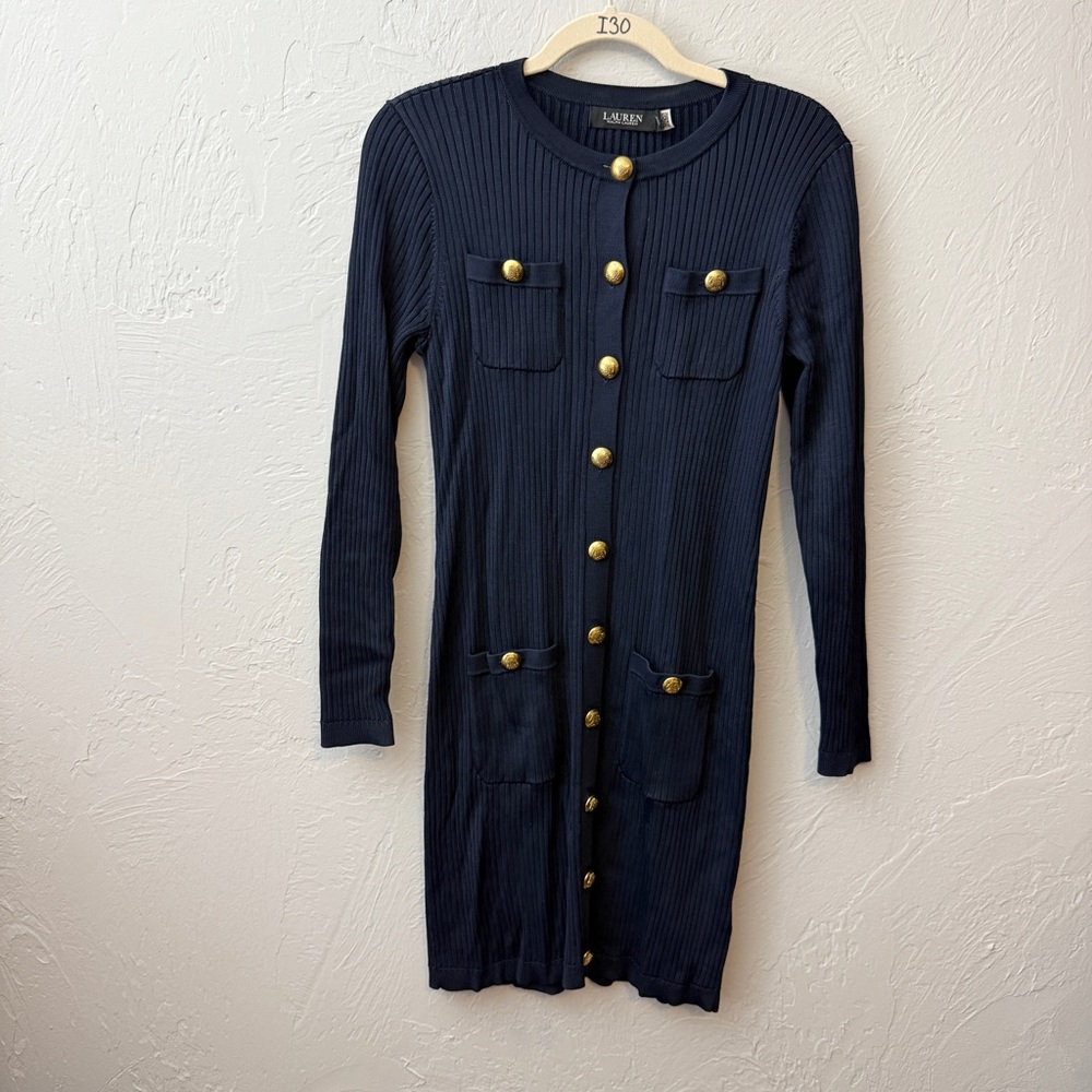 Lauren Ralph Lauren Button Up Knit Mini Dress in Navy Dark Blue Long Sleeve - Picture 4 of 6
